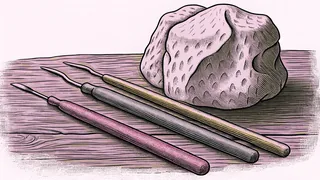 A worked lump of modelling clay beside three small sculpting picks on a wooden surface.