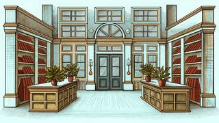 Retail store interior showing cashier, product shelves, and department displays.