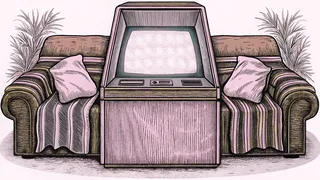 A vintage arcade cabinet with glowing screen stands beside a cozy sofa with blankets.