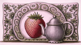 A ripe strawberry and a small tin teapot on an ornate floral plate.