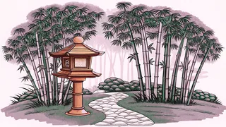 A serene Japanese garden features a red lantern, bamboo grove, and stone path.