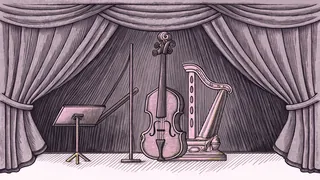 A wooden violin and ornate harp are crossed on a concert stage beside a brass music stand.
