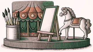 Painting supplies and an artist's easel with a carousel horse figure in a creative studio setting.