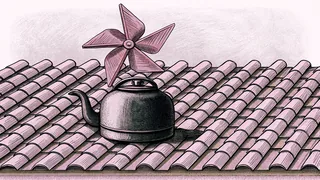 A soot-blackened kettle and a small paper windmill on a sloping roof of clay tiles.