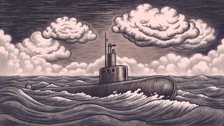 A military submarine breaks the surface of choppy water with conning tower and periscope visible.