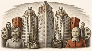 Prominent industrialists and entrepreneurs posed together in front of corporate office buildings.