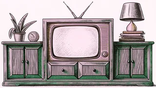 A wooden-cased television with rabbit-ear aerial standing on a sideboard.