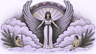 Sumerian deities in an ancient temple setting with celestial bodies and cosmic elements.