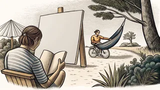 People engaged in summer activities—painting, cycling, reading, and outdoor exploration