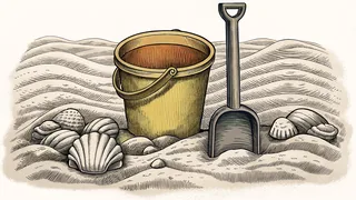 A sunny beach scene with rolling waves, sand, a bucket, and seashells.