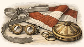 A pair of swim goggles beside a ridged gold bell and a length of striped ribbon.