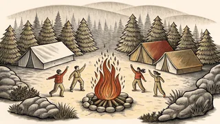 Campers gathered around a bonfire near tents and cabins in a forest setting