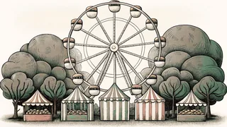 A ferris wheel spins above a vibrant carnival with balloons and cotton candy.