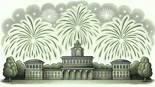 Fireworks lighting up the night sky with a crowd watching below.