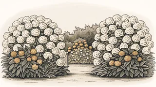 A colorful garden bed overflowing with hydrangeas, carnations, and yellow marigolds in bloom.