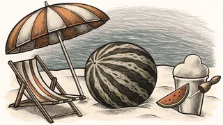 Summer beach scene with a surfboard, ice cream, watermelon, and sunny skies
