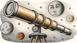 A telescope aims at a star-filled sky where the moon and planets gleam.