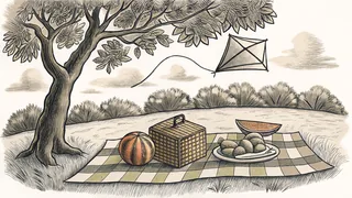 A summer picnic spreads beneath a shady tree with watermelon and a soaring kite.
