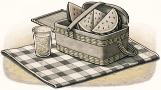 A picnic basket sits on a checkered rug beside lemonade and watermelon slices.