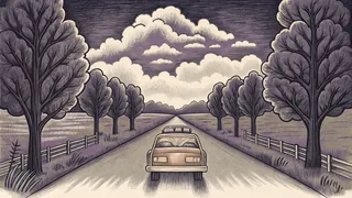 A packed car winds down a scenic highway past diners and roadside stops.