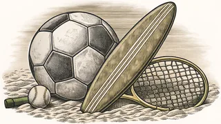 Sports equipment including a soccer ball, surfboard, and tennis racket arranged in sunlight.
