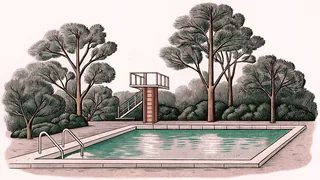 An ornate archery bow with arrows sits beside a clear swimming pool with a diving board.