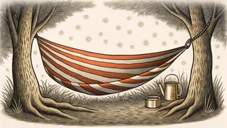 An empty striped hammock hangs between two trees beside a lemonade pitcher as fireflies drift at twilight.