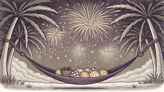 Fireworks burst overhead near toys resting in a summer hammock.