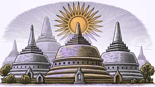 A radiant sun illuminates stone temples perched on misty mountain peaks.
