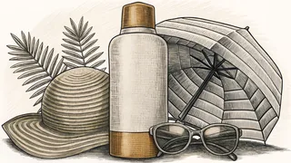 Sunscreen, a wide-brimmed hat, sunglasses, and an umbrella protect against strong rays.
