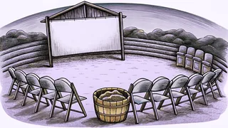 A circle of small classroom chairs facing a blank felt board, with a collection basket beside them.