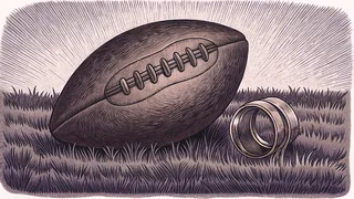 A football rests on emerald grass beside a gleaming championship ring under stadium lights.