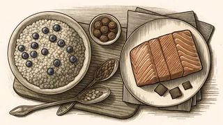 Nutrient-packed superfoods including berries, fish, and grains nourish vitality.