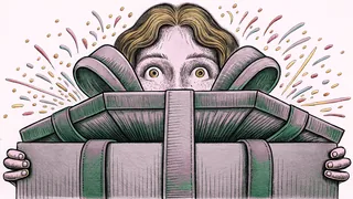 An astonished person opening a surprise gift box with colorful confetti bursting forth.