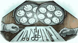 Surgical tools and steel instruments rest on a sterile table in a clinical operating theater.