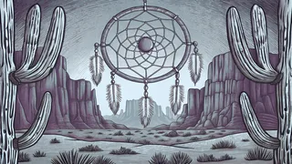 A decorative dreamcatcher frames a desert scene with coyotes, saguaros, and granite peaks