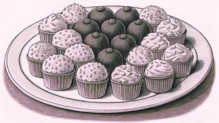 Chocolate truffles and frosted cupcakes with sprinkles sit on a pink dessert plate.