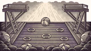 A diving board overlooks a pool filled with floats and a beach ball.