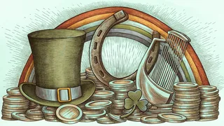 St. Patrick's Day symbols arranged together: green hat, harp, shamrock, coins.