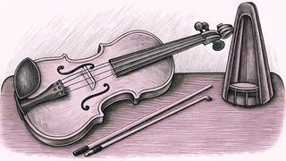 A violin with its bow rests on a surface beside a conductor's baton and a metronome.