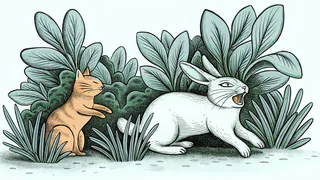 A sprinting rabbit dashes beside a tiny seedling and a sleepy yawning cat.