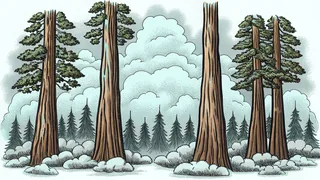 Colossal redwood trees rising through morning mist in an old-growth forest.