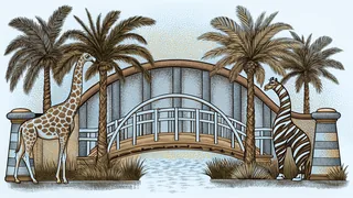 A zoological park with wild cats and lush gardens overlooks a bridge-spanned waterway