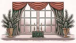 A tower silhouette and delicate music box sit among flowing fabric and candlelight.