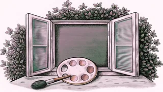 A paintbrush and palette of paints rest beside a stone ledge under an open window.