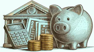 A calculator and a stack of coins sit beside a manila folder and a piggy bank.