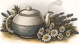 A ceramic teapot steams above scattered tea leaves, dried herbs, and fresh mint sprigs.