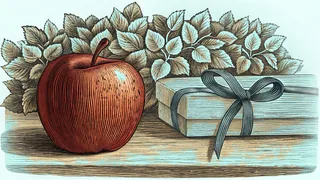 A red apple beside a breakfast pastry tray and a ribbon-tied bundle of blank note cards.