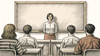 Teacher writing on blackboard in front of student desks during lesson