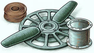 A spoked metal wheel fitted with blade-shaped arms, beside a wound spool of copper wire.